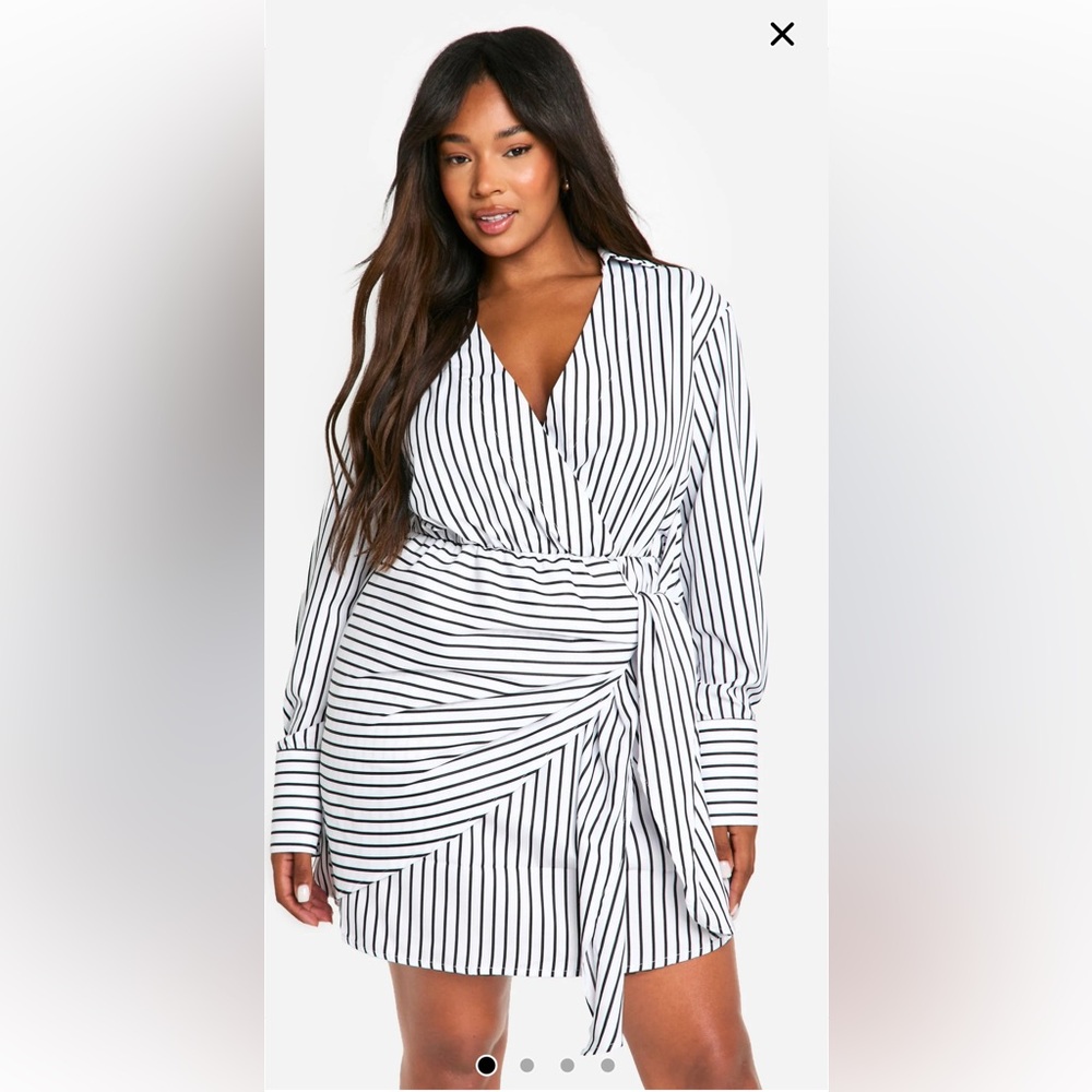 Boohoo Plus Black and White Striped Woven Shirt Wrap Dress Size 16